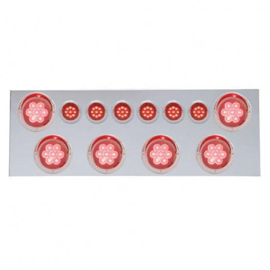 Stainless Steel Rear Center Panel With 6 x 7 LED 4" Reflector Lights &amp; 6 x 9 LED 2" Lights &amp; Visors - Red LED &amp; Lens