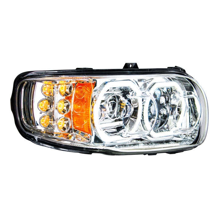 High Power 10 LED Chrome Headlight With 6 LED Turn &amp; 100 LED Halo For 2008-2024 Peterbilt 389 - Passenger