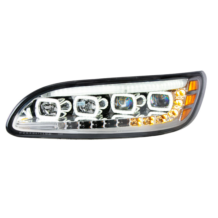 Chrome Quad - LED Headlight With LED DRL &amp; Seq. Signal For 2005-2015 Peterbilt 386 - Driver