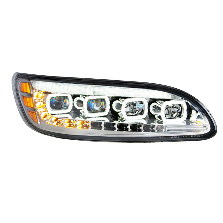 Chrome Quad - LED Headlight With LED DRL &amp; Seq. Signal For 2005-2015 Peterbilt 386 - Passenger