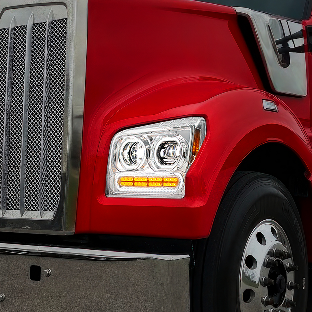 High Power 10 LED Headlight With 24 LED Turn &amp; 100 LED Halo For 2019-2024 Kenworth W990 — Driver / Chrome