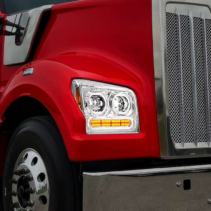 High Power 10 LED Headlight With 24 LED Turn &amp; 100 LED Halo For 2019-2024 Kenworth W990 — Passenger / Chrome