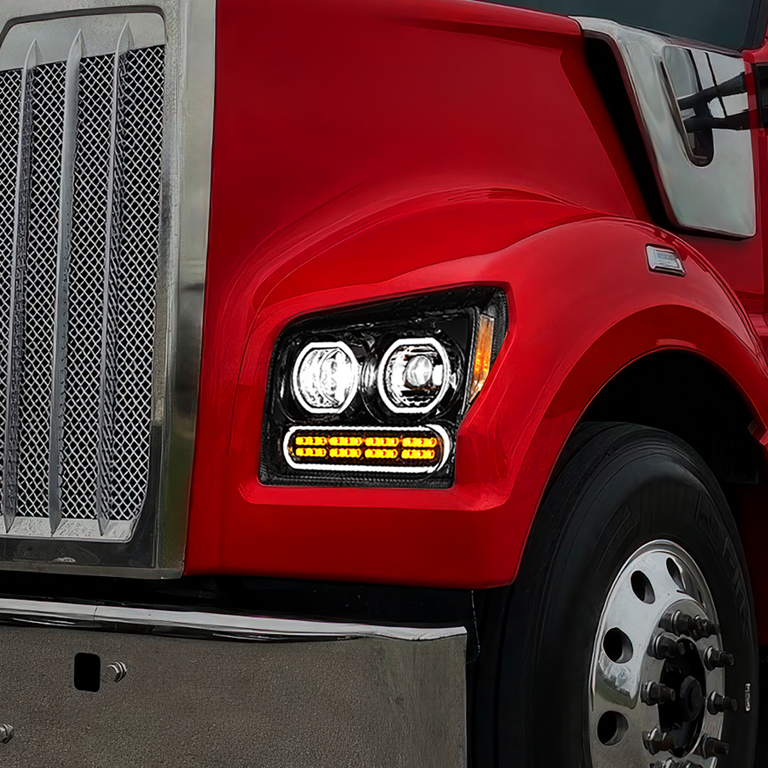 High Power 10 LED Headlight With 24 LED Turn &amp; 100 LED Halo For 2019-2024 Kenworth W990 — Driver / Black