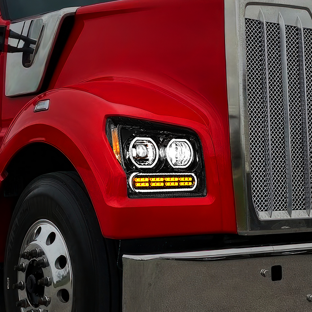 High Power 10 LED Headlight With 24 LED Turn &amp; 100 LED Halo For 2019-2024 Kenworth W990 — Passenger / Black