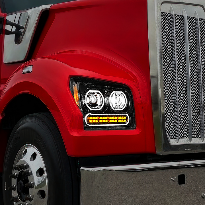 High Power 10 LED Headlight With 24 LED Turn &amp; 100 LED Halo For 2019-2024 Kenworth W990 — Passenger / Black
