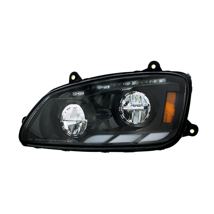 Black LED Headlight With Sequential Turn Signal &amp; Position Light Bars For 2008-17 Kenworth T660 - Driver