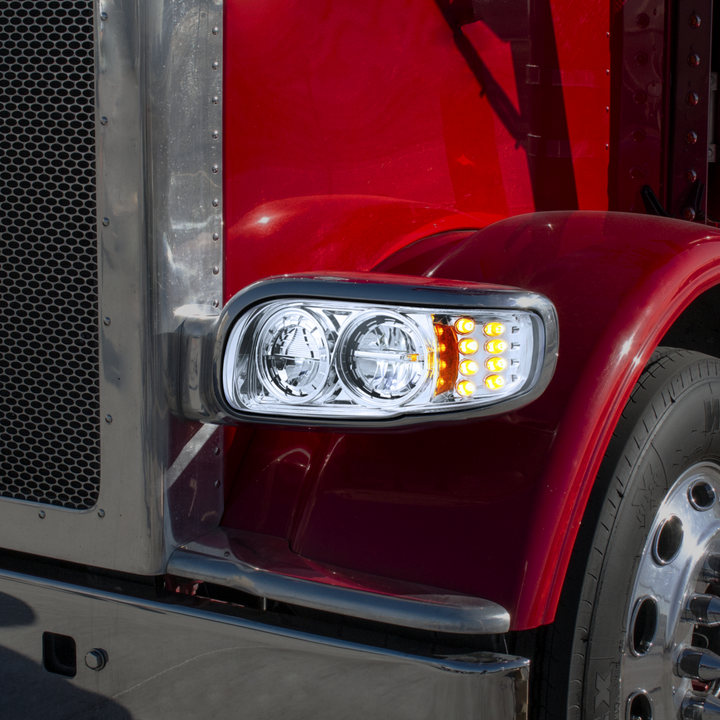 High Power LED Headlight With 8 LED Turn &amp; 4 LED Position Light For 2008-2024 Peterbilt 389 — Driver / Chrome