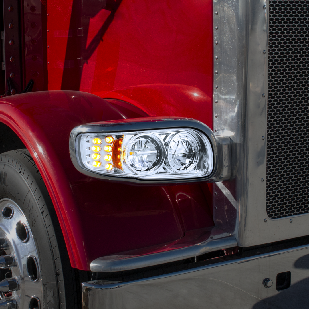High Power LED Headlight With 8 LED Turn &amp; 4 LED Position Light For 2008-2024 Peterbilt 389 — Passenger / Chrome