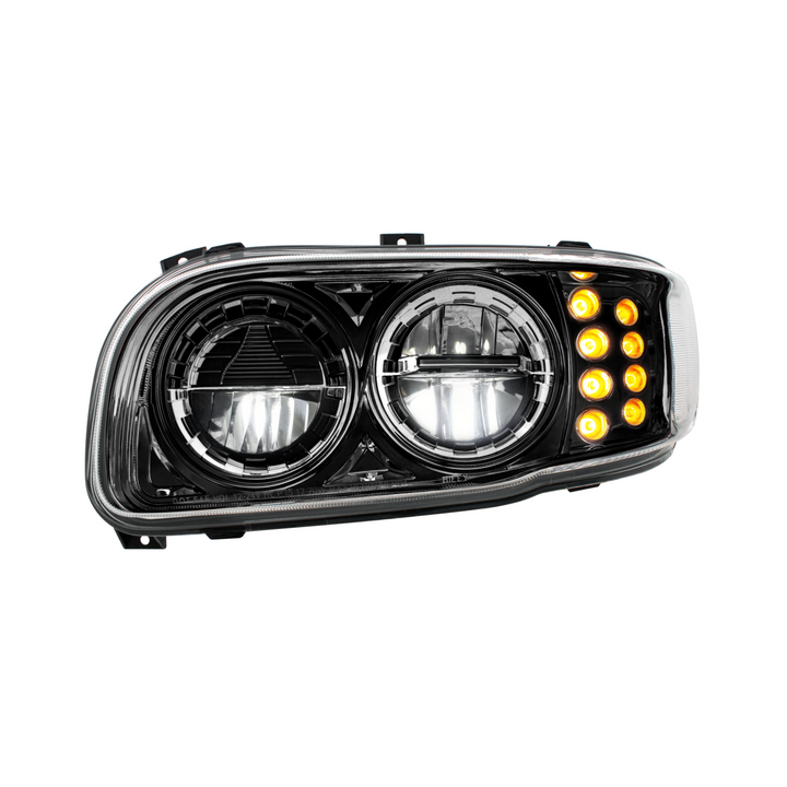 High Power LED Headlight With 8 LED Turn &amp; 4 LED Position Light For 2008-2024 Peterbilt 389 — Driver / Black