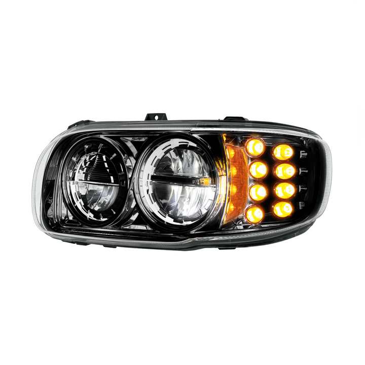 High Power LED Headlight With 8 LED Turn &amp; 4 LED Position Light For 2008-2024 Peterbilt 389 — Driver / Black