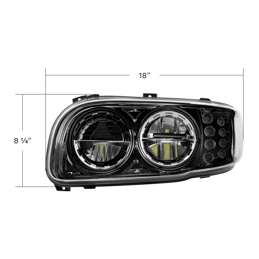 High Power LED Headlight With 8 LED Turn &amp; 4 LED Position Light For 2008-2024 Peterbilt 389 — Driver / Black