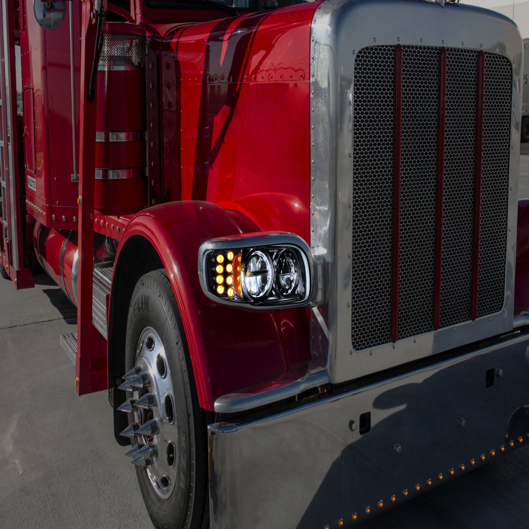 High Power LED Headlight With 8 LED Turn &amp; 4 LED Position Light For 2008-2024 Peterbilt 389 — Driver / Black