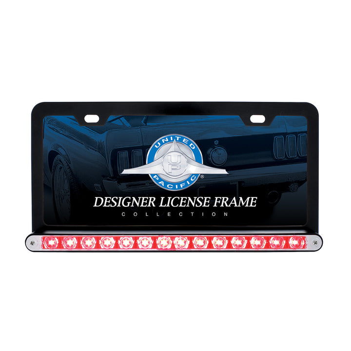 Black License Plate Frame With 14 LED 12" Light Bar - Red LED/Clear Lens