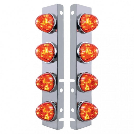 Stainless Steel Front Air Cleaner Bracket With 8 x 17 LED Watermelon Lights &amp; Stainless Steel Bezels For Peterbilt - Amber LED/Dark Amber Lens