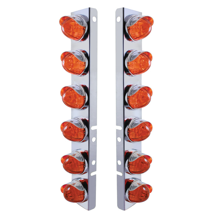 Stainless Steel Front Air Cleaner Bracket With 12X LED Watermelon Lights &amp; Stainless Steel Visors For Peterbilt - Amber LED/Dark Amber Lens