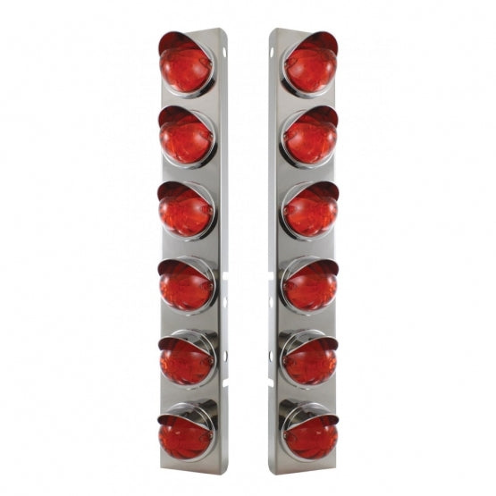 Stainless Steel Front Air Cleaner Bracket With 12 x 17 LED Watermelon Lights &amp; Visors For Peterbilt - Amber LED/Dark Amber Lens