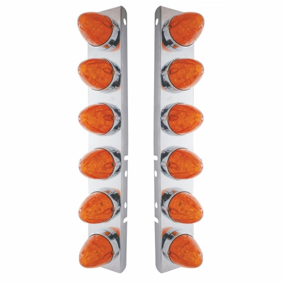 Stainless Steel Front Air Cleaner Bracket With 12 x 19 LED Watermelon Lights &amp; Bezels For Peterbilt - Amber LED/Dark Amber Lens