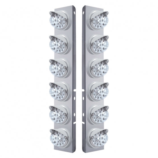 Stainless Steel Front Air Cleaner Bracket With 12 x 17 Amber LED Dual Function Reflector Lights &amp; Visors For Peterbilt - Clear Lens