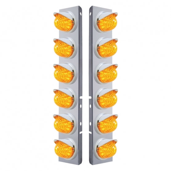 Stainless Steel Front Air Cleaner Bracket W/12 x 17 LED Beehive Lights &amp; Visors For Peterbilt - Amber LED &amp; Lens