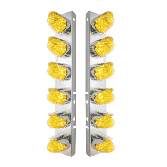 Stainless Steel Front Air Cleaner Bracket With 12 x 19 LED Watermelon Lights &amp; Visors For Peterbilt - Amber LED &amp; Lens