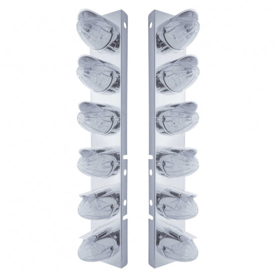 Stainless Steel Front Air Cleaner Bracket With 12 x 19 LED Watermelon Lights &amp; Visors For Peterbilt - Amber LED/Clear Lens