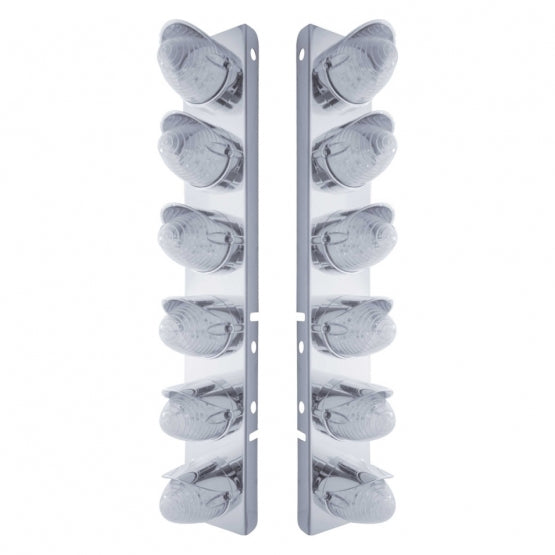 Stainless Steel Front Air Cleaner Bracket With 12 x 19 LED Beehive Lights &amp; Visors For Peterbilt - Amber LED/Clear Lens