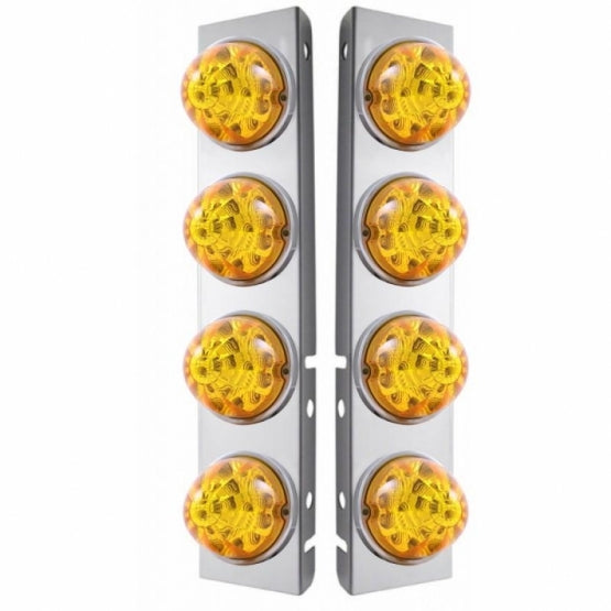 Stainless Steel Front Air Cleaner Bracket W/8 x 17 Amber LED Refl. Watermelon Lights &amp; Stainless Steel Bezels For Peterbilt - Amber Lens (Pair)