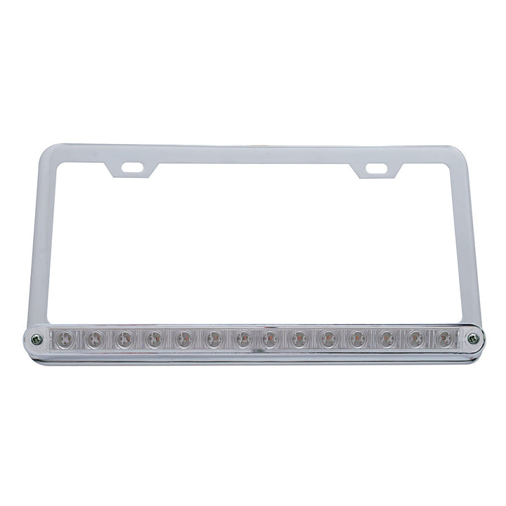 Chrome License Plate Frame With 14 LED 12" Light Bar - Amber LED/Clear Lens