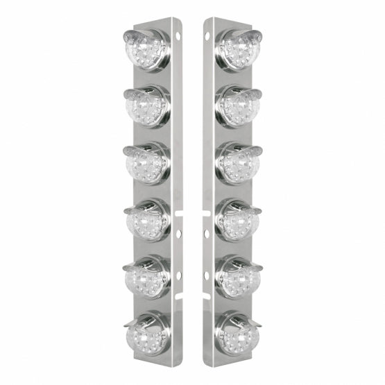 Stainless Steel Front Air Cleaner Bracket With 12 x 17 Amber LED Reflector Lights &amp; Stainless Steel Visors For Peterbilt - Clear Lens