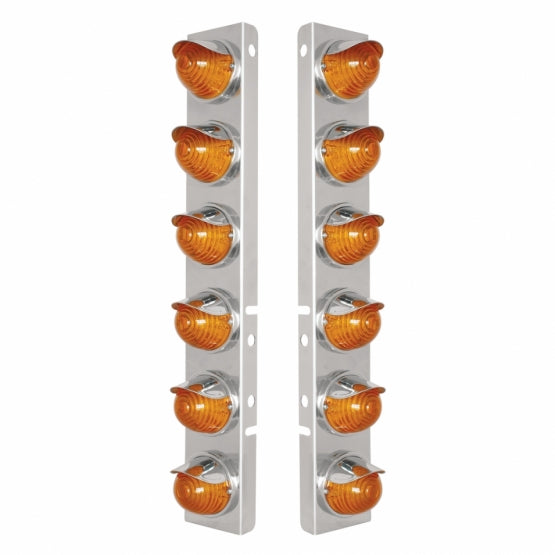 Stainless Steel Front Air Cleaner Bracket W/12 x 17 Amber LED Beehive Lights &amp; Stainless Steel Visors For Peterbilt - Amber LED &amp; Lens