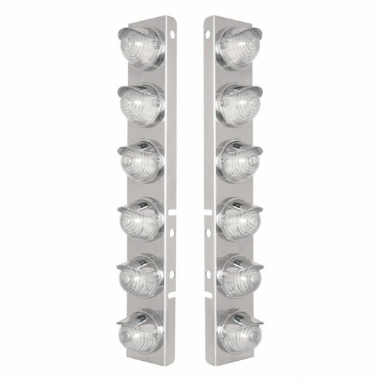 Stainless Steel Front Air Cleaner Bracket W/12 x 17 Amber LED Beehive Lights &amp; Stainless Steel Visors For Peterbilt - Amber LED/Clear Lens