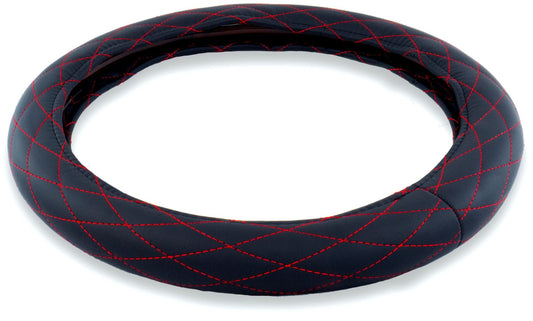 18" DIAMOND CUSHION STEERING WHEEL COVER BLACK W/ RED STITCHING