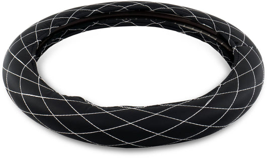 18" DIAMOND CUSHION STEERING WHEEL COVER BLACK W/ WHITE STITCHING