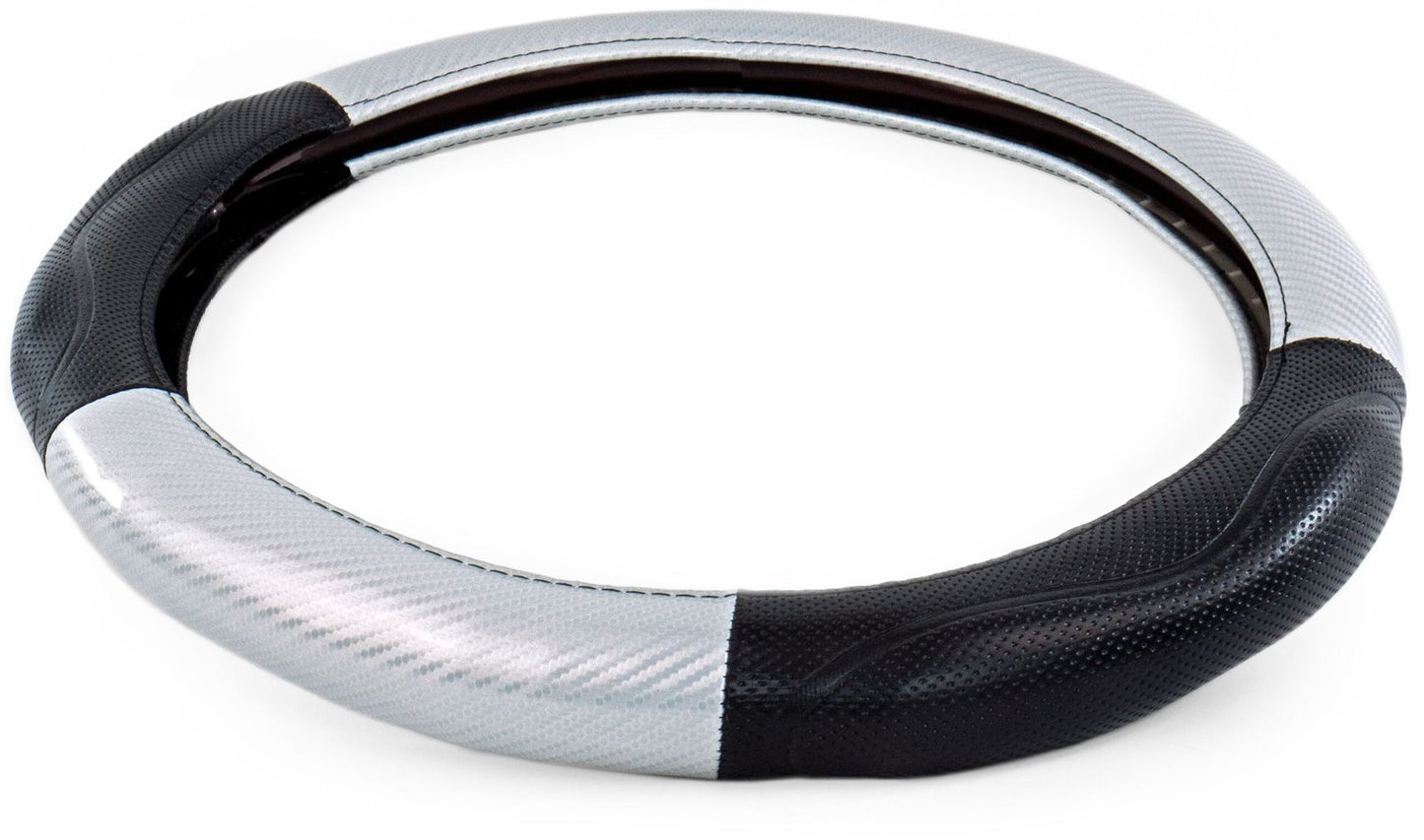 18" MEMORY FOAM CARBON FIBER STYLE STEERING WHEEL COVER - SILVER