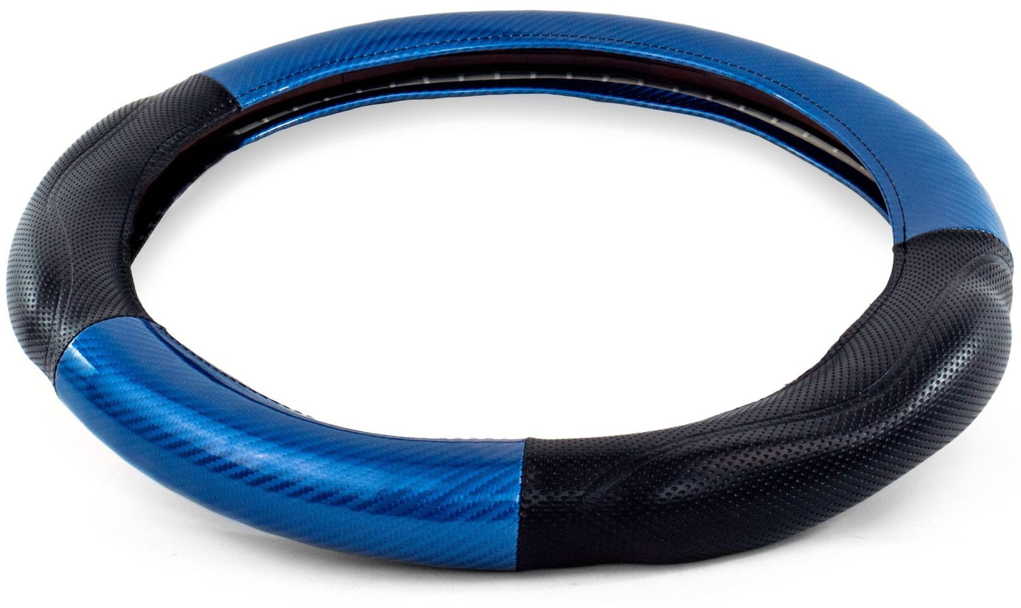 18" MEMORY FOAM CARBON FIBER STYLE STEERING WHEEL COVER - BLUE