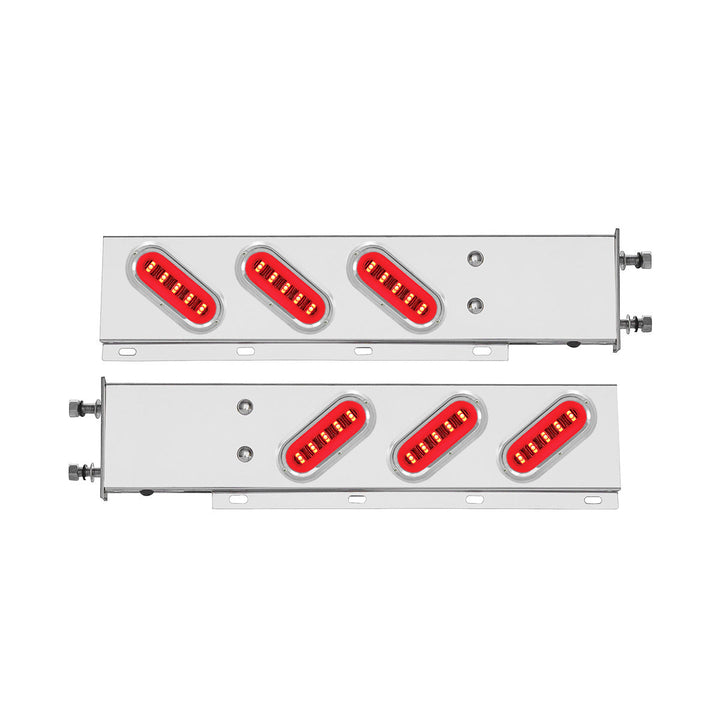 3-3/4" Bolt Pattern Stainless Steel Spring Loaded Bar With 6 x 22 Red LED 6" Oval GloLight &amp; Visor - Clear Lens (Pair)