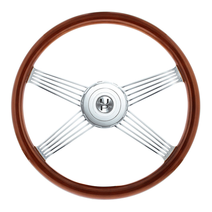 18" Chrome 4 Spoke With Wire Cutout Steering Wheel With Horn Bezel &amp; Button - Wood Grain