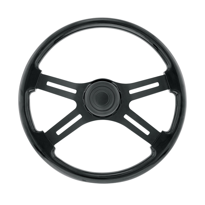 18" Matte Black 4 Spoke Steering Wheel With Horn Bezel &amp; Button - Gloss Black
