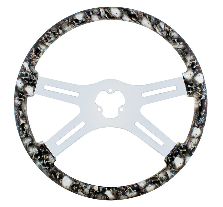 18" Skull Steering Wheel Only With Hydro - Dip Finish Wood - White/Gray
