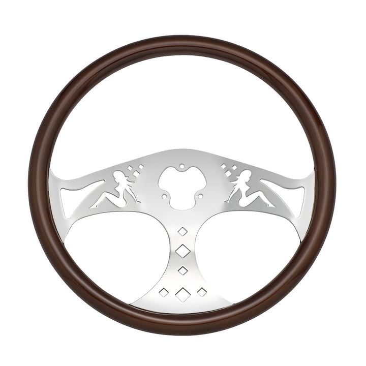 18" Lady Steering Wheel With Chrome Horn Bezel And Horn Button - Woodgrain