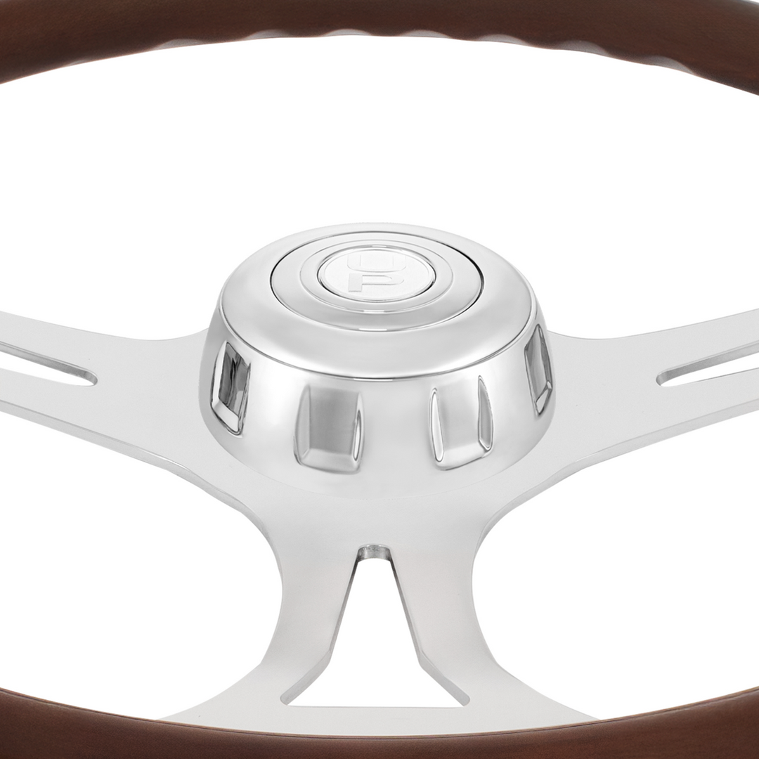 18" Chrome Blade Steering Wheel With Chrome Horn Bezel And Button-Woodgrain