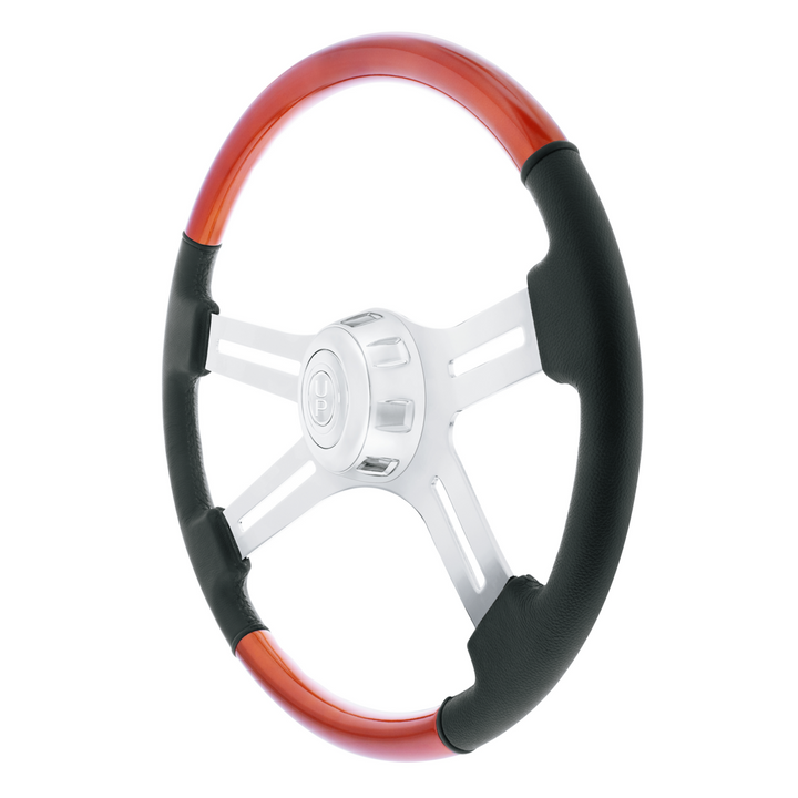 18" Leather &amp; Wood Candy Color 4 Spoke Steering Wheel With Chrome Horn Bezel