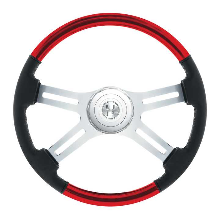18" Leather &amp; Wood Candy Color 4 Spoke Steering Wheel With Chrome Horn Bezel