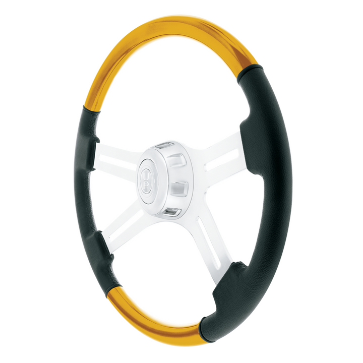 18" Leather &amp; Wood Candy Color 4 Spoke Steering Wheel With Chrome Horn Bezel