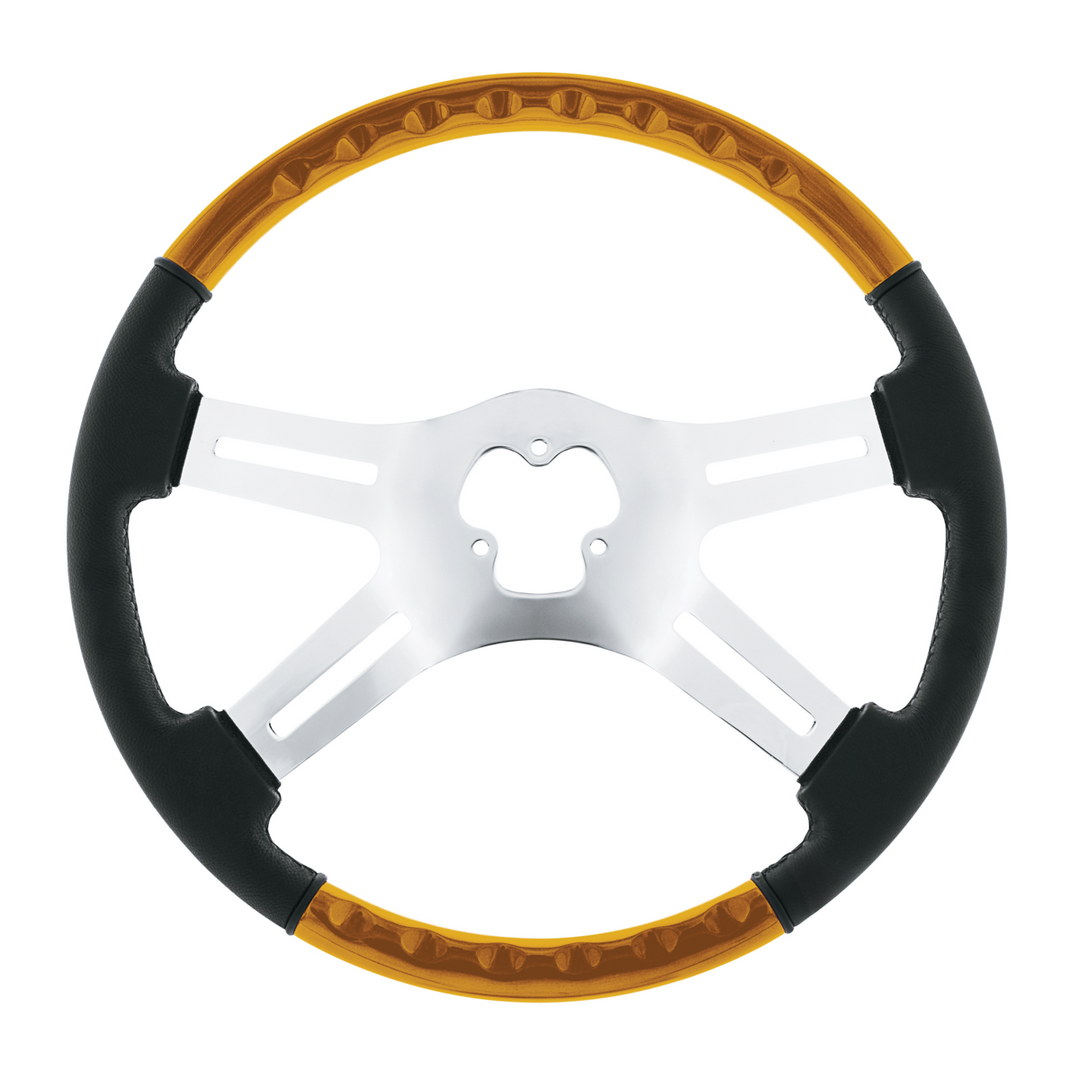 18" Leather &amp; Wood Candy Color 4 Spoke Steering Wheel With Chrome Horn Bezel