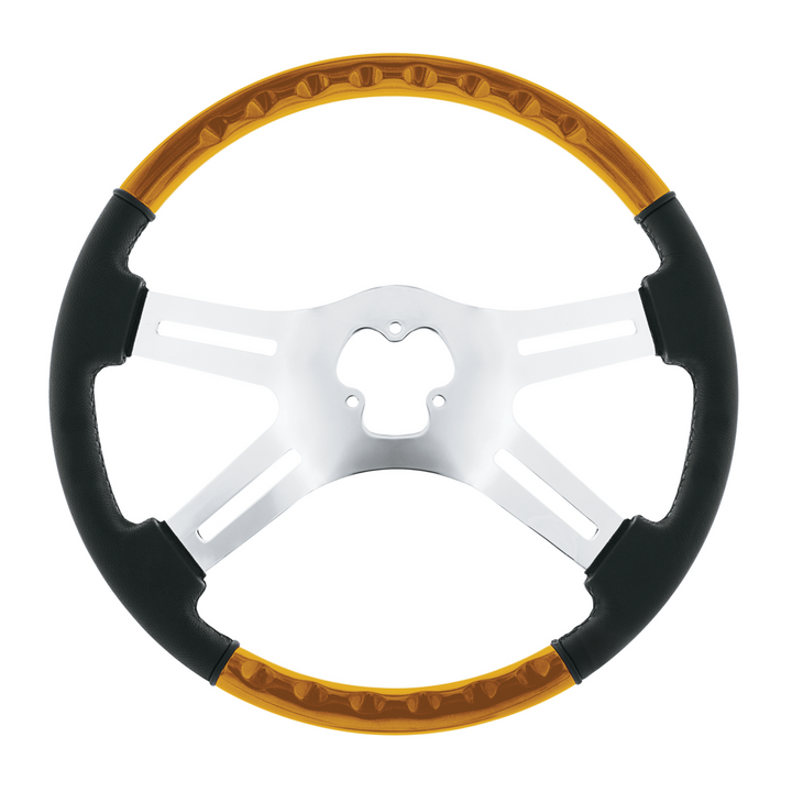 18" Leather &amp; Wood Candy Color 4 Spoke Steering Wheel With Chrome Horn Bezel