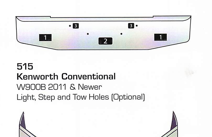2011 &amp; newer Kenworth W900/W900B Conventional Bumper (Light + Step + Tow Holes)