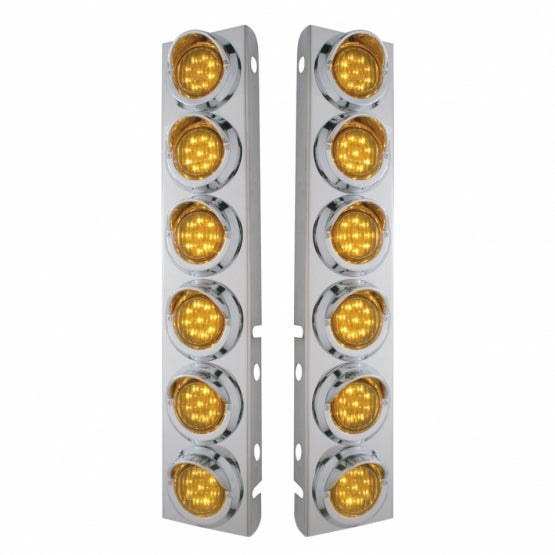 Stainless Steel Front Air Cleaner Bracket With 12 x 9 LED 2" Lights &amp; Visors For Peterbilt - Amber LED &amp; Lens