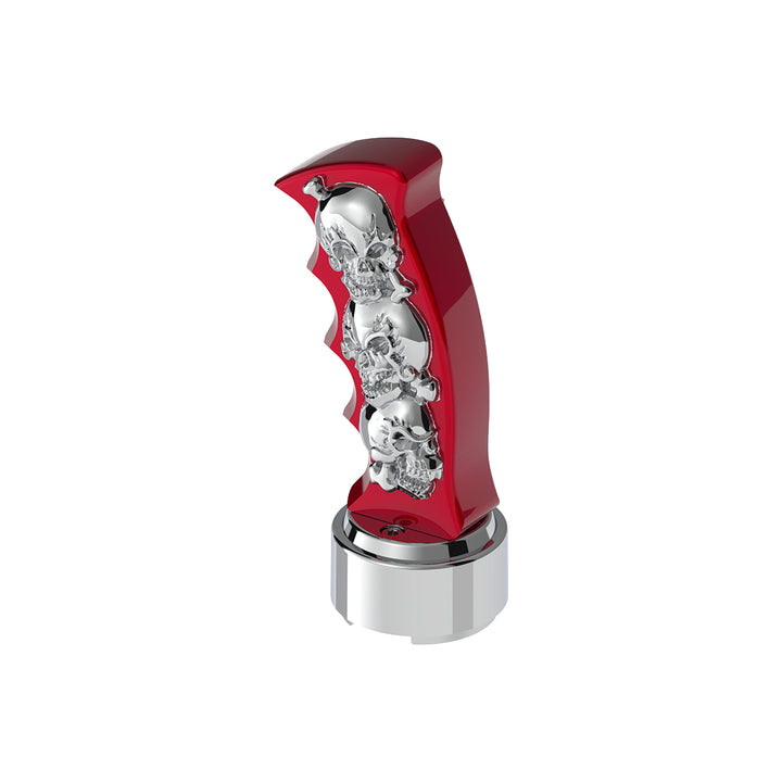 Thread-On Skulls Pistol Grip Gearshift Knob With Chrome 9/10 Speed Adapter - Candy Red With Chrome Skulls