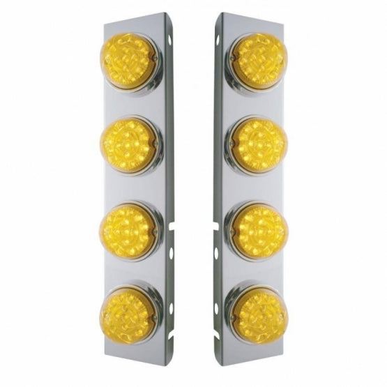 Stainless Steel Front Air Cleaner Bracket With 8 x 17 Amber LED Dual Function Reflector Lights &amp; Stainless Steel Bezels For Peterbilt - Amber Lens